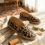 Par de alpargatas de mujer marca Chimmy Churry con estampado animal print de yaguareté en tonos beige y marrón, con base de yute trenzado sobre fondo blanco.