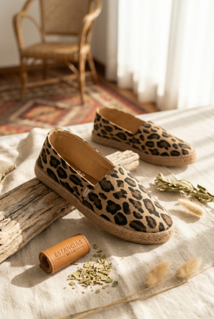 Par de alpargatas de mujer marca Chimmy Churry con estampado animal print de yaguareté en tonos beige y marrón, con base de yute trenzado sobre fondo blanco.