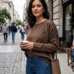 Remera mujer modelo Copernico color marrón chocolate, calce súper oversize en tela crepé, con detalle de mangas fruncidas y hombros caídos, fotografiada en una calle empedrada de Buenos Aires.