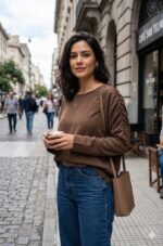 Remera mujer modelo Copernico color marrón chocolate, calce súper oversize en tela crepé, con detalle de mangas fruncidas y hombros caídos, fotografiada en una calle empedrada de Buenos Aires.