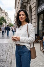 Remera mujer modelo Copernico color marrón chocolate, calce súper oversize en tela crepé, con detalle de mangas fruncidas y hombros caídos, fotografiada en una calle empedrada de Buenos Aires.